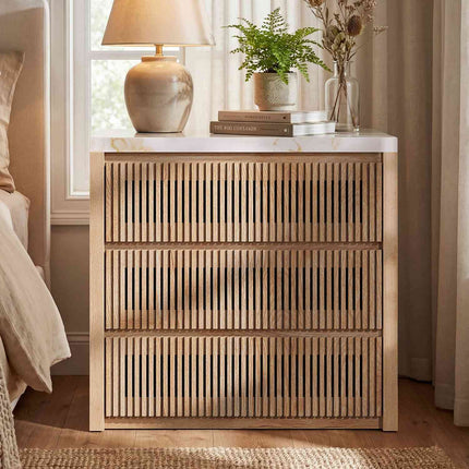 Tarpon Furniture 27.6 Inch Tall Nightstand Extra Large Fluted Wood Bedside Table with 3 Drawers for Bedroom Living Room