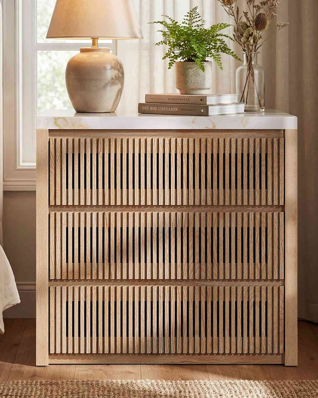 Tarpon Furniture 27.6 Inch Tall Nightstand Extra Large Fluted Wood Bedside Table with 3 Drawers for Bedroom Living Room