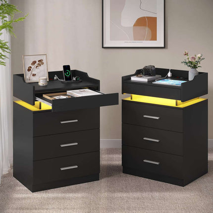 Tarpon Furniture 28.3 Inch Tall Nightstand with LED Light and Pull-Out Shelf Side Table with 3 Drawers USB Ports and Outlets for Bedroom
