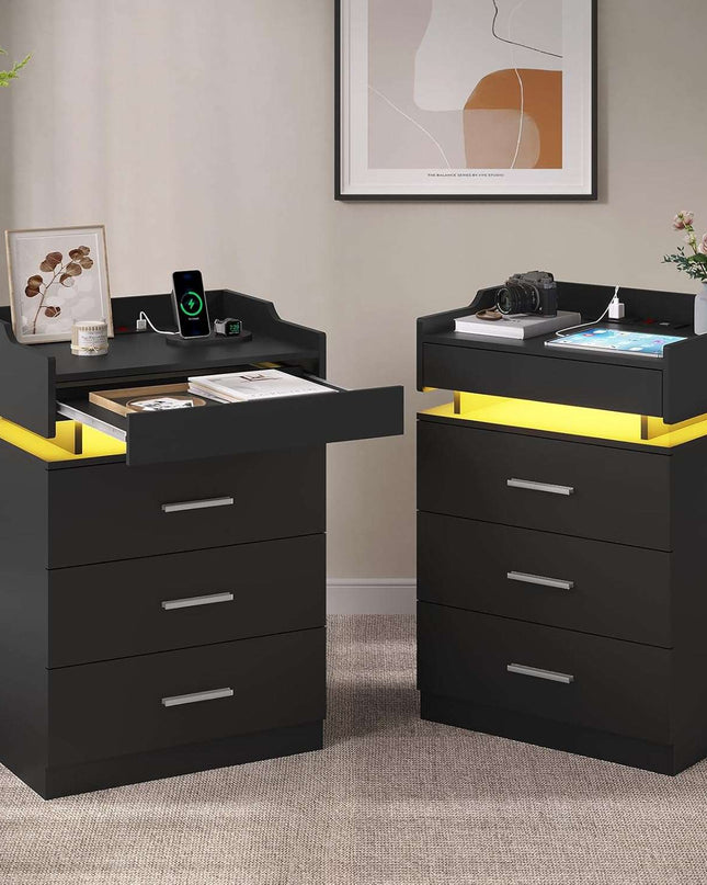 Tarpon Furniture 28.3 Inch Tall Nightstand with LED Light and Pull-Out Shelf Side Table with 3 Drawers USB Ports and Outlets for Bedroom