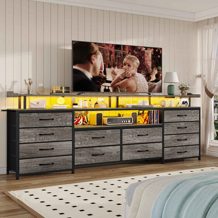 Tarpon Furniture 63 Inch TV Stand with LED Lights and Power Outlets Long Dresser with 12 Fabric Drawers and Shelves for Bedroom