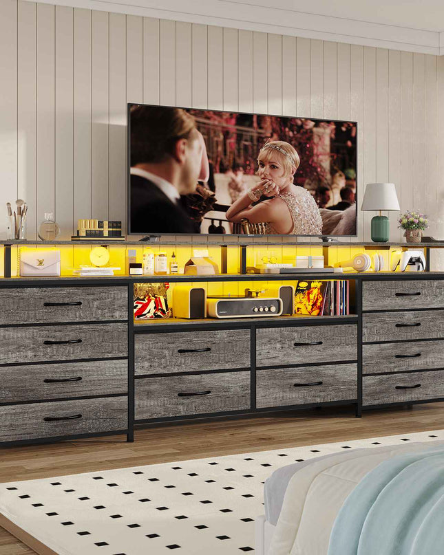Tarpon Furniture 63 Inch TV Stand with LED Lights and Power Outlets Long Dresser with 12 Fabric Drawers and Shelves for Bedroom