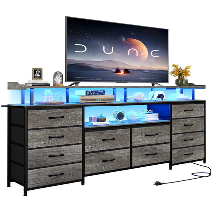 Tarpon Furniture 63 Inch TV Stand with LED Lights and Power Outlets Long Dresser with 12 Fabric Drawers and Shelves for Bedroom