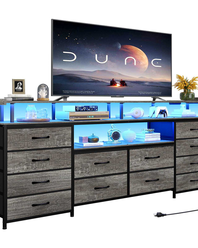 Tarpon Furniture 63 Inch TV Stand with LED Lights and Power Outlets Long Dresser with 12 Fabric Drawers and Shelves for Bedroom