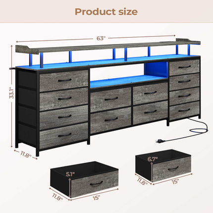 Tarpon Furniture 63 Inch TV Stand with LED Lights and Power Outlets Long Dresser with 12 Fabric Drawers and Shelves for Bedroom