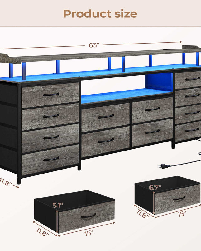 Tarpon Furniture 63 Inch TV Stand with LED Lights and Power Outlets Long Dresser with 12 Fabric Drawers and Shelves for Bedroom
