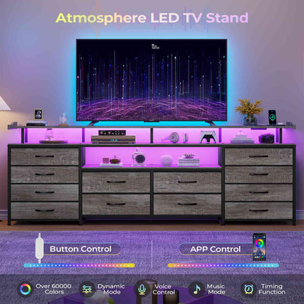 Tarpon Furniture 63 Inch TV Stand with LED Lights and Power Outlets Long Dresser with 12 Fabric Drawers and Shelves for Bedroom