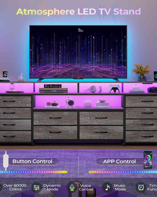 Tarpon Furniture 63 Inch TV Stand with LED Lights and Power Outlets Long Dresser with 12 Fabric Drawers and Shelves for Bedroom