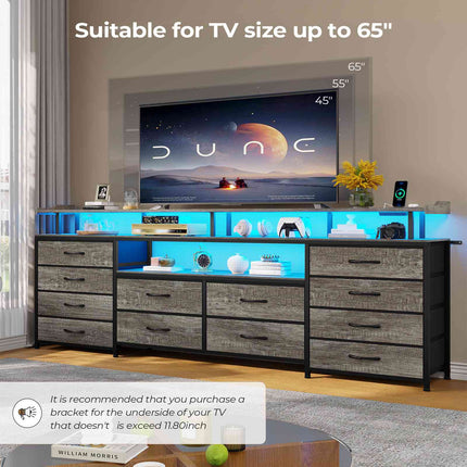 Tarpon Furniture 63 Inch TV Stand with LED Lights and Power Outlets Long Dresser with 12 Fabric Drawers and Shelves for Bedroom