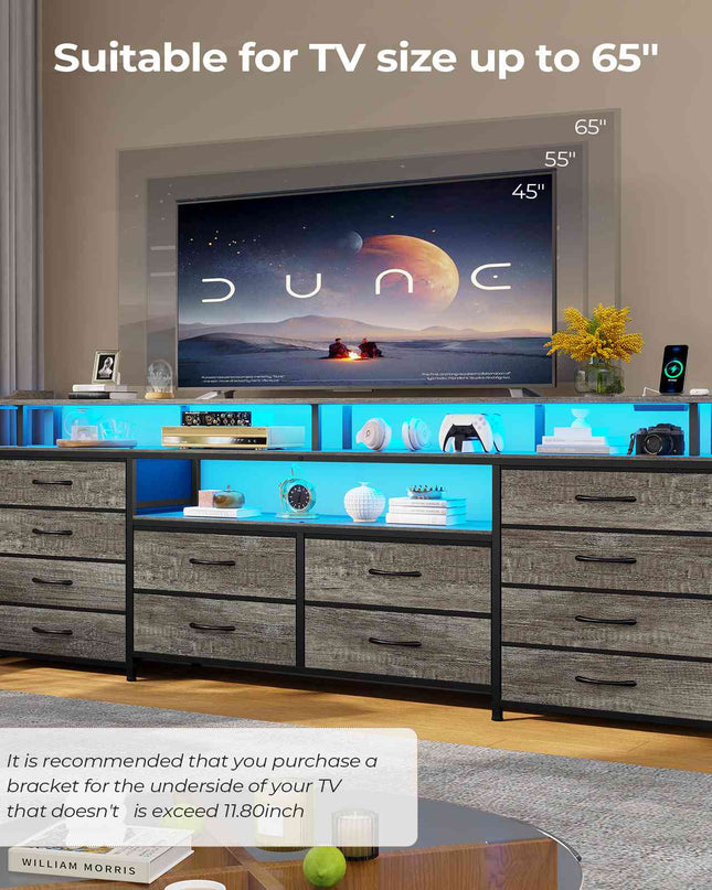 Tarpon Furniture 63 Inch TV Stand with LED Lights and Power Outlets Long Dresser with 12 Fabric Drawers and Shelves for Bedroom