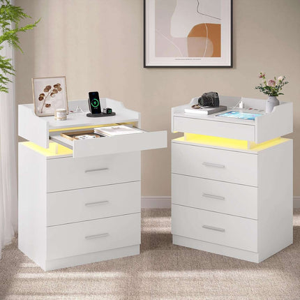 Tarpon Furniture 28.3 Inch Tall Nightstand with LED Light and Pull-Out Shelf Side Table with 3 Drawers USB Ports and Outlets for Bedroom