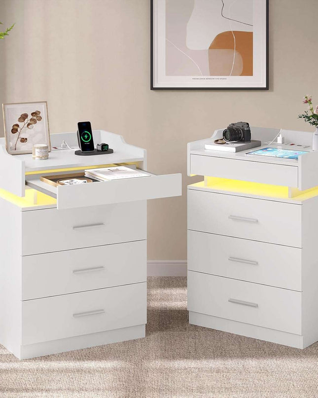 Tarpon Furniture 28.3 Inch Tall Nightstand with LED Light and Pull-Out Shelf Side Table with 3 Drawers USB Ports and Outlets for Bedroom