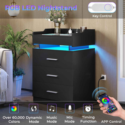 Tarpon Furniture 28.3 Inch Tall Nightstand with LED Light and Pull-Out Shelf Side Table with 3 Drawers USB Ports and Outlets for Bedroom