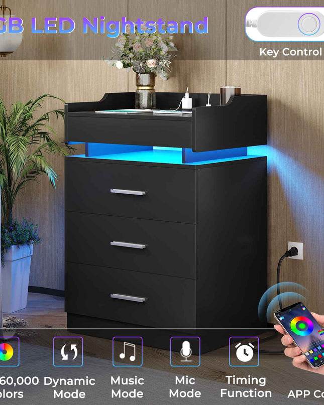 Tarpon Furniture 28.3 Inch Tall Nightstand with LED Light and Pull-Out Shelf Side Table with 3 Drawers USB Ports and Outlets for Bedroom