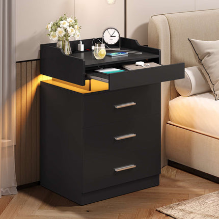 Tarpon Furniture 28.3 Inch Tall Nightstand with LED Light and Pull-Out Shelf Side Table with 3 Drawers USB Ports and Outlets for Bedroom