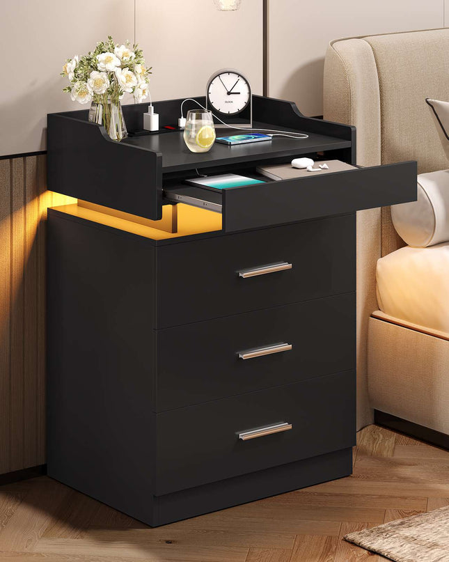 Tarpon Furniture 28.3 Inch Tall Nightstand with LED Light and Pull-Out Shelf Side Table with 3 Drawers USB Ports and Outlets for Bedroom