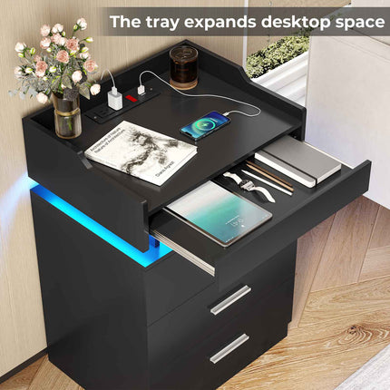 Tarpon Furniture 28.3 Inch Tall Nightstand with LED Light and Pull-Out Shelf Side Table with 3 Drawers USB Ports and Outlets for Bedroom