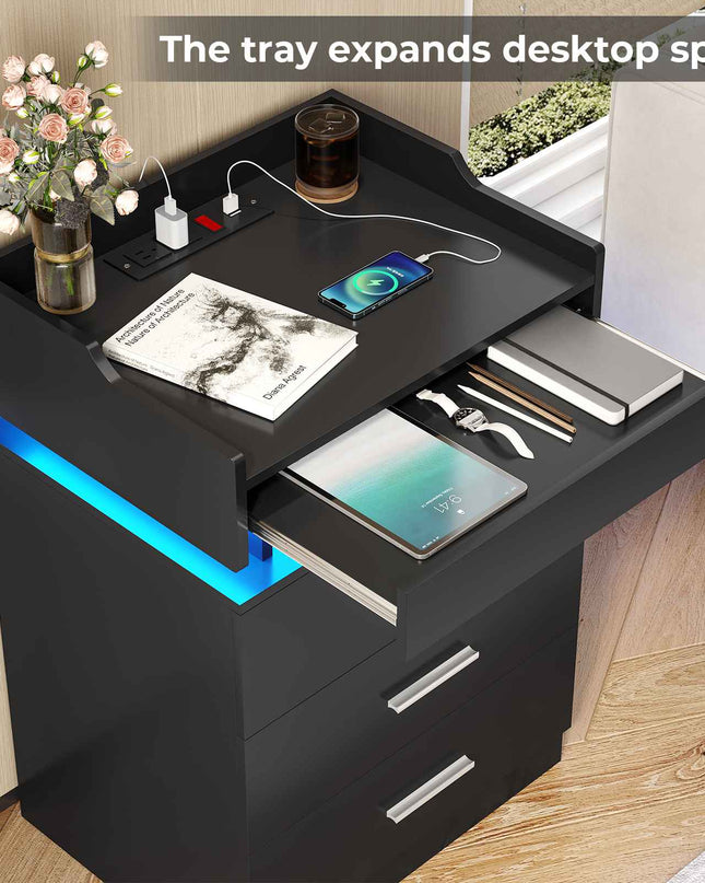 Tarpon Furniture 28.3 Inch Tall Nightstand with LED Light and Pull-Out Shelf Side Table with 3 Drawers USB Ports and Outlets for Bedroom
