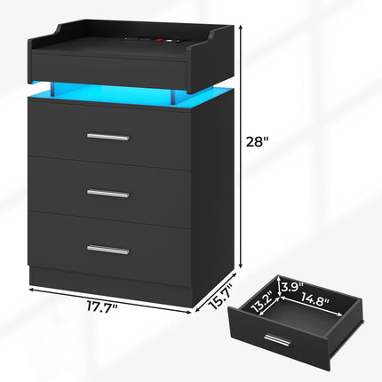 Tarpon Furniture 28.3 Inch Tall Nightstand with LED Light and Pull-Out Shelf Side Table with 3 Drawers USB Ports and Outlets for Bedroom