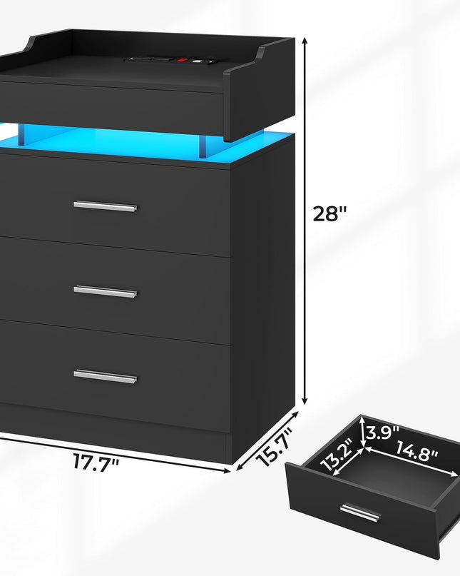 Tarpon Furniture 28.3 Inch Tall Nightstand with LED Light and Pull-Out Shelf Side Table with 3 Drawers USB Ports and Outlets for Bedroom