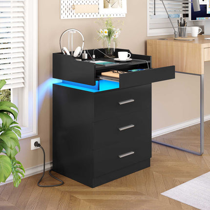 Tarpon Furniture 28.3 Inch Tall Nightstand with LED Light and Pull-Out Shelf Side Table with 3 Drawers USB Ports and Outlets for Bedroom