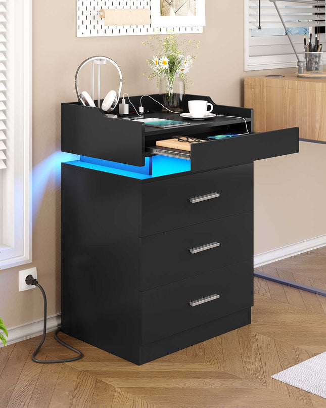 Tarpon Furniture 28.3 Inch Tall Nightstand with LED Light and Pull-Out Shelf Side Table with 3 Drawers USB Ports and Outlets for Bedroom