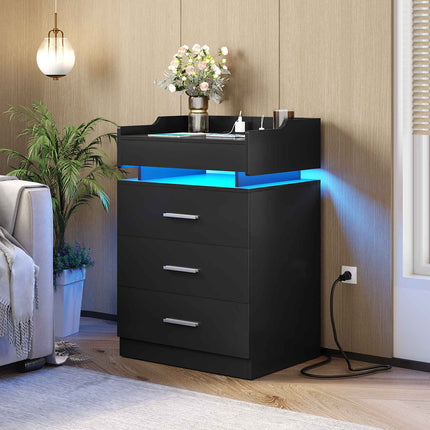 Tarpon Furniture 28.3 Inch Tall Nightstand with LED Light and Pull-Out Shelf Side Table with 3 Drawers USB Ports and Outlets for Bedroom