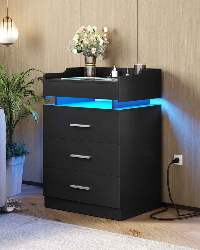 Tarpon Furniture 28.3 Inch Tall Nightstand with LED Light and Pull-Out Shelf Side Table with 3 Drawers USB Ports and Outlets for Bedroom