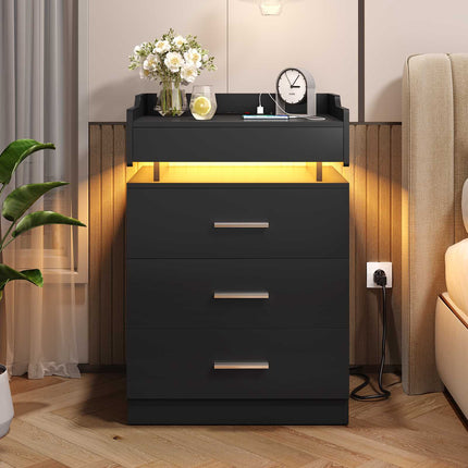 Tarpon Furniture 28.3 Inch Tall Nightstand with LED Light and Pull-Out Shelf Side Table with 3 Drawers USB Ports and Outlets for Bedroom