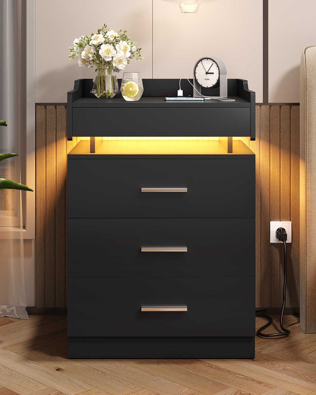 Tarpon Furniture 28.3 Inch Tall Nightstand with LED Light and Pull-Out Shelf Side Table with 3 Drawers USB Ports and Outlets for Bedroom
