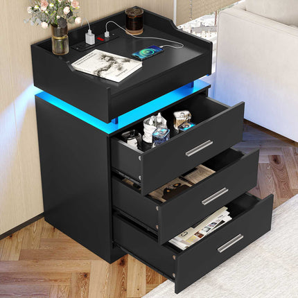 Tarpon Furniture 28.3 Inch Tall Nightstand with LED Light and Pull-Out Shelf Side Table with 3 Drawers USB Ports and Outlets for Bedroom