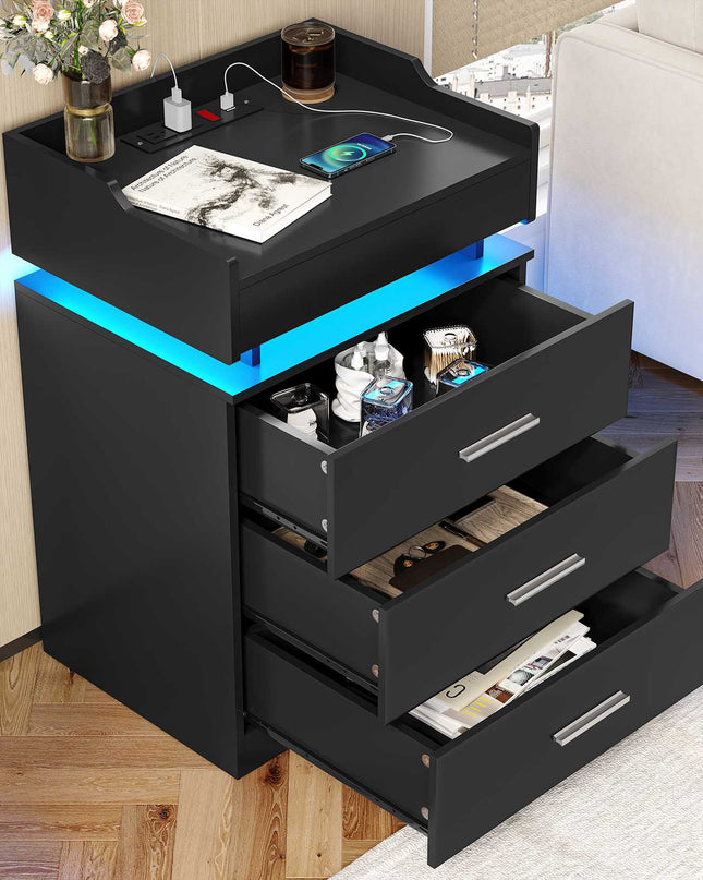 Tarpon Furniture 28.3 Inch Tall Nightstand with LED Light and Pull-Out Shelf Side Table with 3 Drawers USB Ports and Outlets for Bedroom