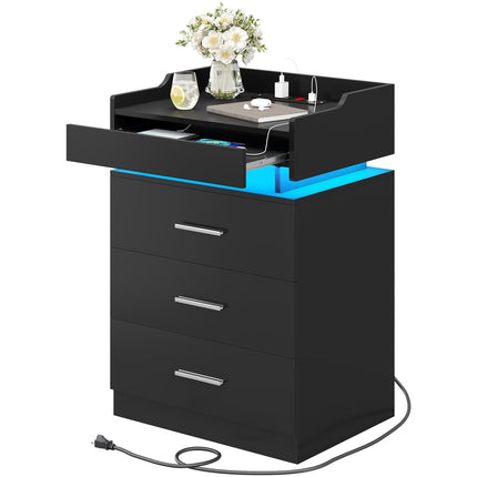 Tarpon Furniture 28.3 Inch Tall Nightstand with LED Light and Pull-Out Shelf Side Table with 3 Drawers USB Ports and Outlets for Bedroom