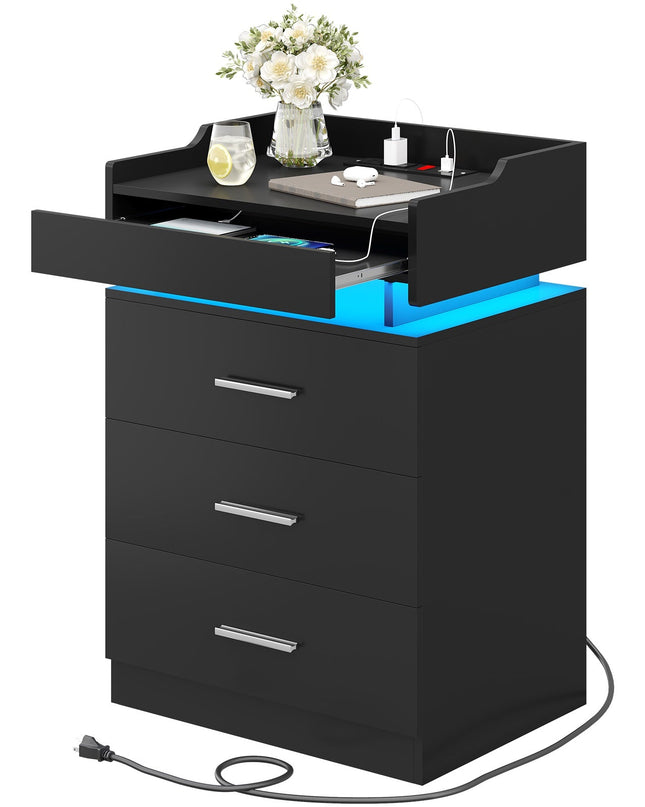 Tarpon Furniture 28.3 Inch Tall Nightstand with LED Light and Pull-Out Shelf Side Table with 3 Drawers USB Ports and Outlets for Bedroom