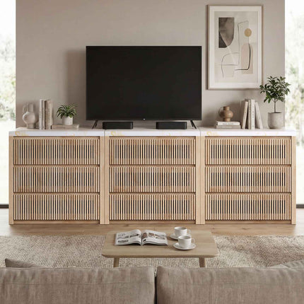Tarpon Furniture 27.6 Inch Tall Nightstand Extra Large Fluted Wood Bedside Table with 3 Drawers for Bedroom Living Room