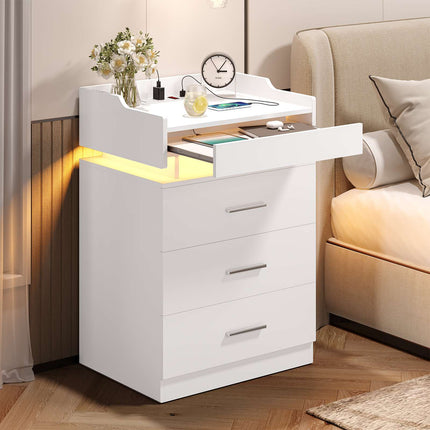 Tarpon Furniture 28.3 Inch Tall Nightstand with LED Light and Pull-Out Shelf Side Table with 3 Drawers USB Ports and Outlets for Bedroom