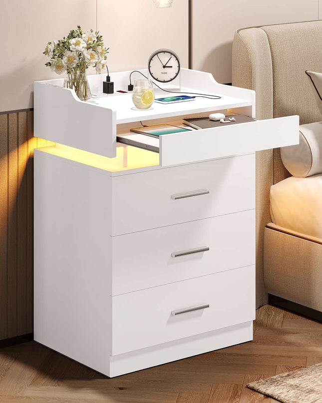 Tarpon Furniture 28.3 Inch Tall Nightstand with LED Light and Pull-Out Shelf Side Table with 3 Drawers USB Ports and Outlets for Bedroom
