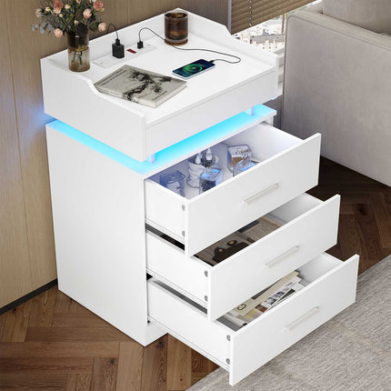 Tarpon Furniture 28.3 Inch Tall Nightstand with LED Light and Pull-Out Shelf Side Table with 3 Drawers USB Ports and Outlets for Bedroom