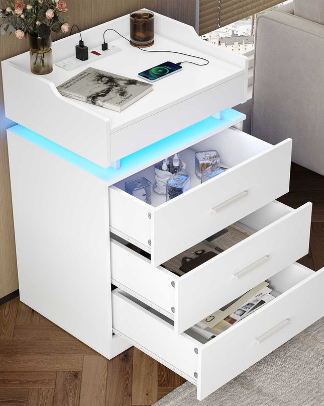 Tarpon Furniture 28.3 Inch Tall Nightstand with LED Light and Pull-Out Shelf Side Table with 3 Drawers USB Ports and Outlets for Bedroom
