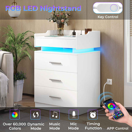 Tarpon Furniture 28.3 Inch Tall Nightstand with LED Light and Pull-Out Shelf Side Table with 3 Drawers USB Ports and Outlets for Bedroom
