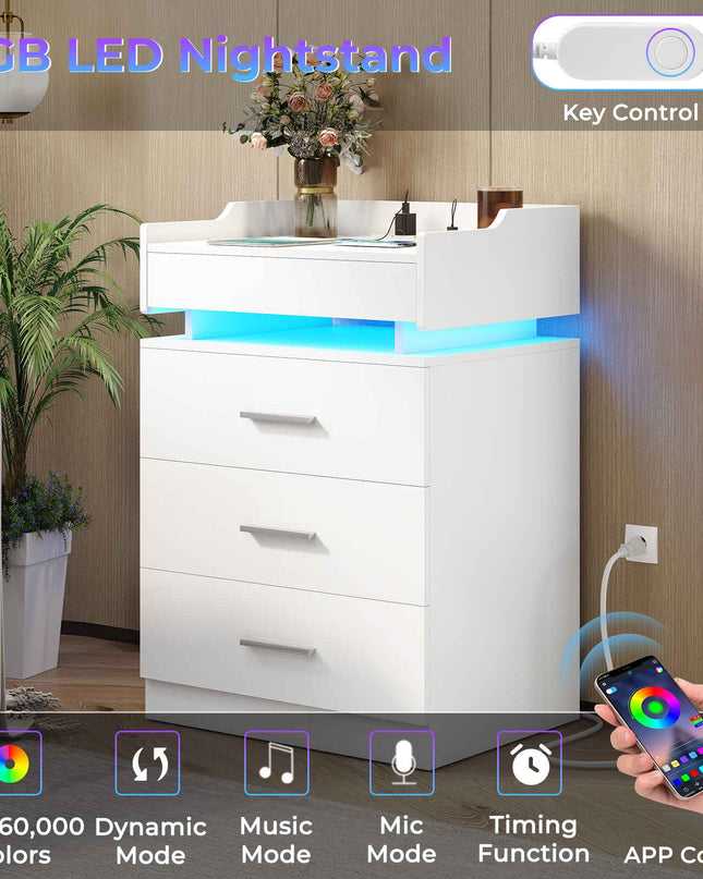 Tarpon Furniture 28.3 Inch Tall Nightstand with LED Light and Pull-Out Shelf Side Table with 3 Drawers USB Ports and Outlets for Bedroom