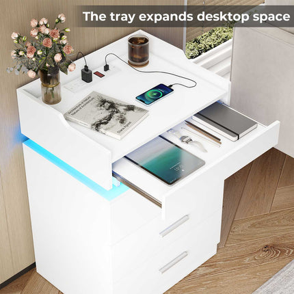 Tarpon Furniture 28.3 Inch Tall Nightstand with LED Light and Pull-Out Shelf Side Table with 3 Drawers USB Ports and Outlets for Bedroom