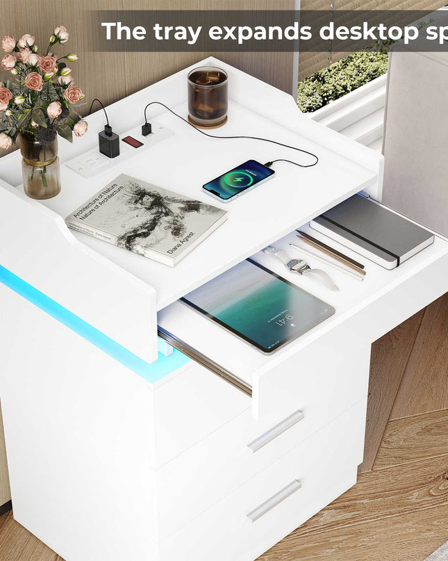 Tarpon Furniture 28.3 Inch Tall Nightstand with LED Light and Pull-Out Shelf Side Table with 3 Drawers USB Ports and Outlets for Bedroom