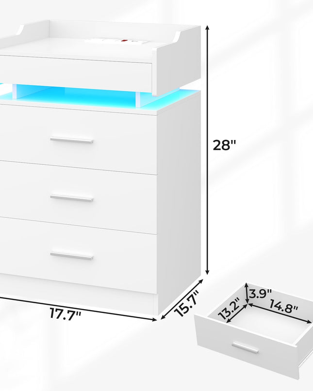 Tarpon Furniture 28.3 Inch Tall Nightstand with LED Light and Pull-Out Shelf Side Table with 3 Drawers USB Ports and Outlets for Bedroom