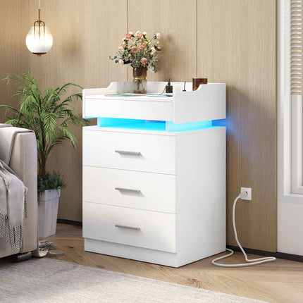 Tarpon Furniture 28.3 Inch Tall Nightstand with LED Light and Pull-Out Shelf Side Table with 3 Drawers USB Ports and Outlets for Bedroom