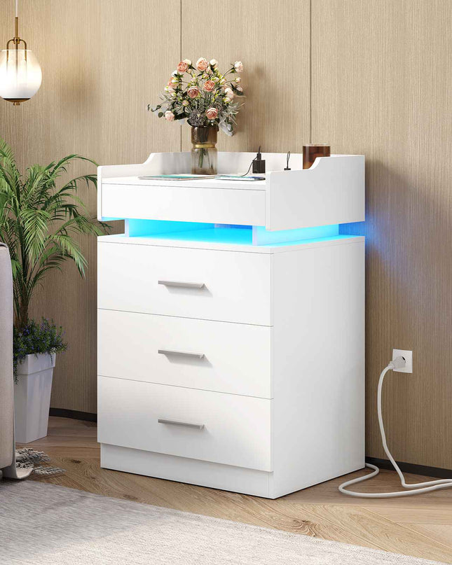 Tarpon Furniture 28.3 Inch Tall Nightstand with LED Light and Pull-Out Shelf Side Table with 3 Drawers USB Ports and Outlets for Bedroom