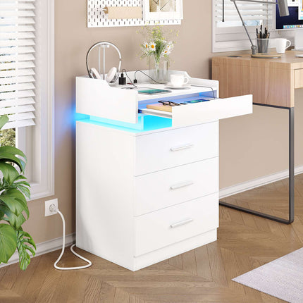 Tarpon Furniture 28.3 Inch Tall Nightstand with LED Light and Pull-Out Shelf Side Table with 3 Drawers USB Ports and Outlets for Bedroom