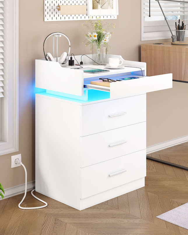 Tarpon Furniture 28.3 Inch Tall Nightstand with LED Light and Pull-Out Shelf Side Table with 3 Drawers USB Ports and Outlets for Bedroom