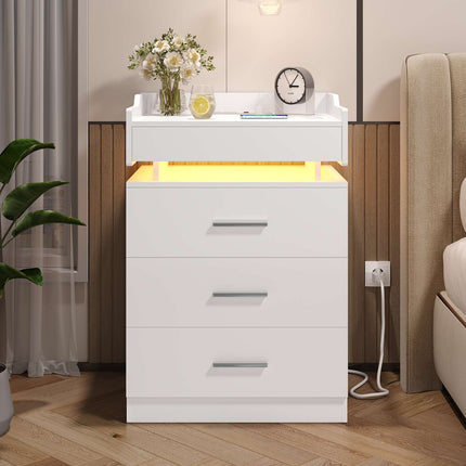 Tarpon Furniture 28.3 Inch Tall Nightstand with LED Light and Pull-Out Shelf Side Table with 3 Drawers USB Ports and Outlets for Bedroom