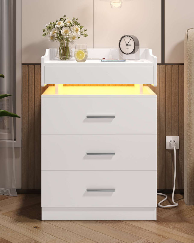 Tarpon Furniture 28.3 Inch Tall Nightstand with LED Light and Pull-Out Shelf Side Table with 3 Drawers USB Ports and Outlets for Bedroom